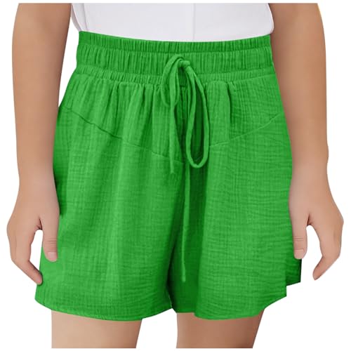 Musselin Shorts Mädchen Sommer Kurze Hose Casual Einfarbig Sporthose Leinen Sommerhose Kinder Hosen Leichte Jogginghose Sport Leinenhose mit Tunnelzug High Waist Freizeithose für 3-14 Jahre, 140, Grün von NZYIHAO