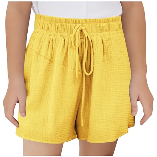Musselin Shorts Mädchen Sommer Kurze Hose Casual Einfarbig Sporthose Leinen Sommerhose Kinder Hosen Leichte Jogginghose Sport Leinenhose mit Tunnelzug High Waist Freizeithose für 3-14 Jahre, 140, Gelb von NZYIHAO