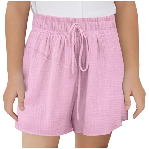 Musselin Shorts Mädchen Sommer Kurze Hose Casual Einfarbig Sporthose Leinen Sommerhose Kinder Hosen Leichte Jogginghose Sport Leinenhose mit Tunnelzug High Waist Freizeithose für 3-14 Jahre, 150, Rosa von NZYIHAO