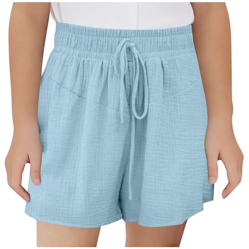Musselin Shorts Mädchen Sommer Kurze Hose Casual Einfarbig Sporthose Leinen Sommerhose Kinder Hosen Leichte Jogginghose Sport Leinenhose mit Tunnelzug High Waist Freizeithose für 3-14 Jahre, 150, Blau von NZYIHAO