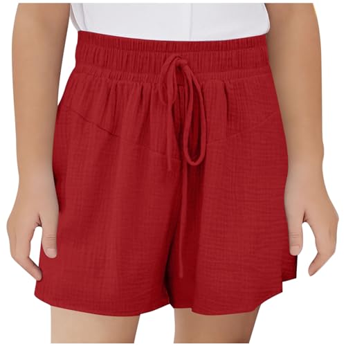 Musselin Shorts Mädchen Sommer Kurze Hose Casual Einfarbig Sporthose Leinen Sommerhose Kinder Hosen Leichte Jogginghose Sport Leinenhose mit Tunnelzug High Waist Freizeithose für 3-14 Jahre, 160, Rot von NZYIHAO