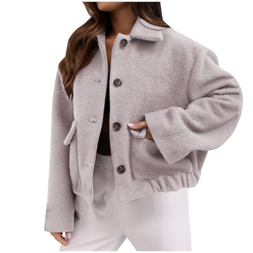 NZYIHAO Angebote Des Tages Heute Wolljacke Damen Kurze Hemdjacke Vintage Einfarbig Winterjacke Winter Strickjacke mit Knöpfen Langarm Jacke Crop Wollmantel Reverskragen Übergangsjacke Weicher Outwear von NZYIHAO