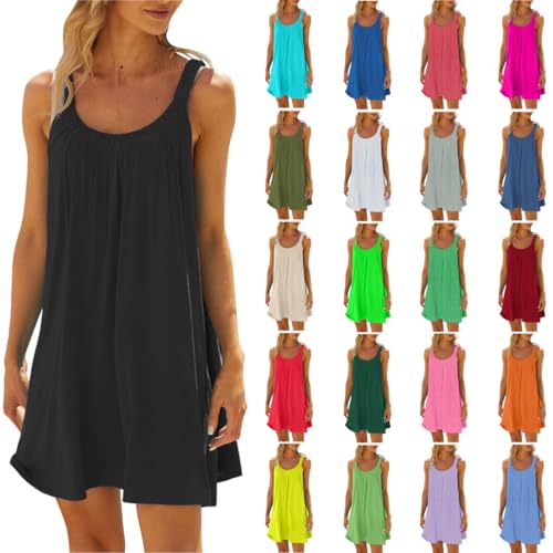 NZYIHAO Angebote des Tages Heute Sommerkleid Damen Elegant Kleider Ärmellos Strandkleid Midi Shirtkleid Rundhals Tunikakleid Leichte Blusenkleid Knielange Kleid Luftig Sommerkleider Lässige Midikleid von NZYIHAO