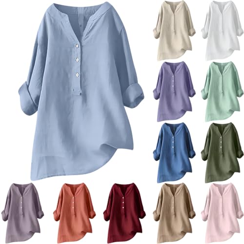 NZYIHAO Blusen & Tuniken für Damen Musselin Bluse Damen Elegant Einfarbig Tshirt V-Ausschnitt Leinenbluse mit Knöpfen Sommer Hemdbluse Baumwolle Leinen Shirts Oversize Oberteile Große Größen Blusen von NZYIHAO