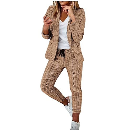 Damen Blazer Hosenanzug Damen Klassisch Karierte Blazer Business 2 Teiler Hohe Taille Anzughose mit Kordelzug Langarm Revers Anzug Set Zweiteiliges Freizeitanzug Leichte Frauen Sakko von NZYIHAO