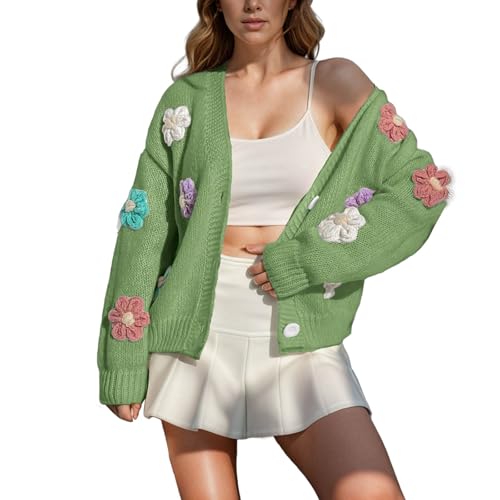 NZYIHAO Damen Elegant Cardigan mit Blumen-Stickerei, langärmliger, grob gestrickter V-Ausschnitt Strickjacke Top Übergangsjacke von NZYIHAO