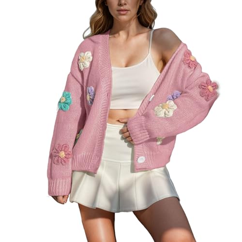 NZYIHAO Damen Elegant Cardigan mit Blumen-Stickerei, langärmliger, grob gestrickter V-Ausschnitt Strickjacke Top Übergangsjacke von NZYIHAO