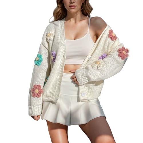 NZYIHAO Damen Elegant Cardigan mit Blumen-Stickerei, langärmliger, grob gestrickter V-Ausschnitt Strickjacke Top Übergangsjacke von NZYIHAO