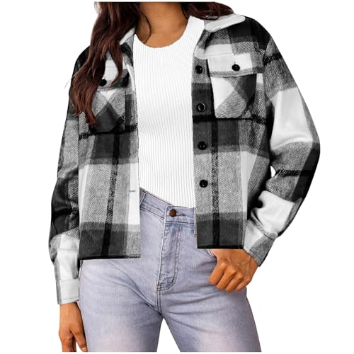 NZYIHAO Damen Hemdjacke Jacke Karierte Langarm Kurzjacke Revers Button-Down Shacket Mantel Übergangsjacke von NZYIHAO