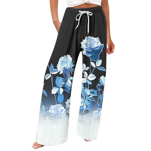 NZYIHAO Damen Hosen Sommer Die Discounter Sommerhose Damen Leichte Jogginghose Vintage Hose Sommer Stoffhose Blumen Druck Sporthose Gerades Bein Hosen Weites Bein Yogahose Große Größen Trousers von NZYIHAO