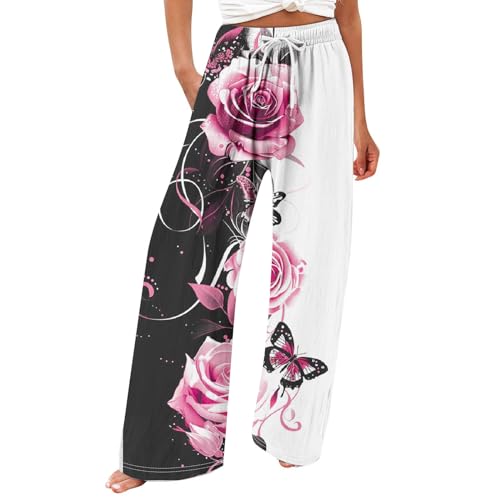 NZYIHAO Damen Hosen Sommer Die Discounter Sommerhose Damen Leichte Jogginghose Vintage Hose Sommer Stoffhose Blumen Druck Sporthose Gerades Bein Hosen Weites Bein Yogahose Große Größen Trousers von NZYIHAO