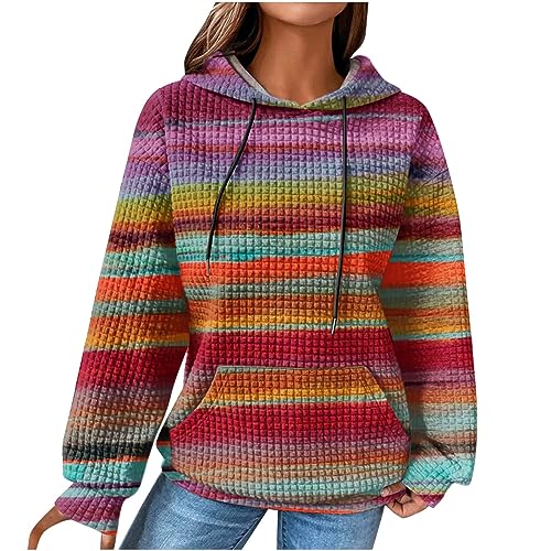 NZYIHAO Damen Pullover Bunt Regenbogen Druck Hoodie Waffel Kapuzenpullover Baumwolle Sweatshirt mit Kapuze Lose Langarmshirt Große Größen Tops Langarm Oberteile Vintage Kapuzenpulli Y2K Hippie Kostüm von NZYIHAO