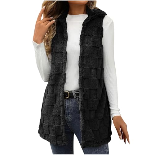 NZYIHAO Fleece Weste für Damen, Leicht Ärmellose Revers Fleecejacke Open Front Winterjacke Einfarbig Warm Teddyjacke von NZYIHAO