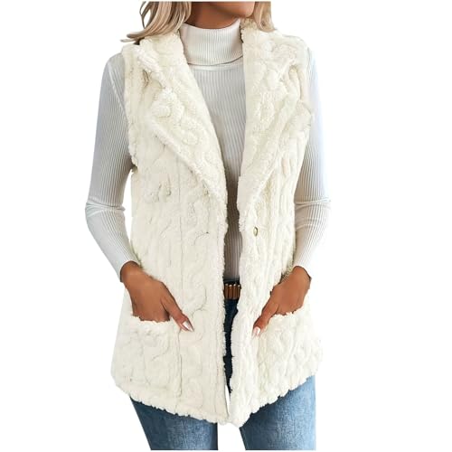 NZYIHAO Fleece Weste für Damen, Leicht Ärmellose Revers Fleecejacke Open Front Winterjacke Einfarbig Warm Teddyjacke von NZYIHAO