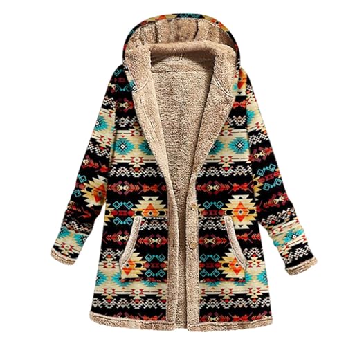 NZYIHAO Fleecejacke Damen Ethno Stil Bunte Winterjacke Große Größen Jacke mit Kapuze Fleece Übergangsjacke Warme Wintermantel Langarm Strickjacke mit Knöpfen Locker Kapuzenjacke Winter Mantel Outwear von NZYIHAO