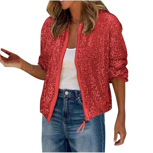 NZYIHAO Glitzer Jacke Damen Party Bomberjacke Pailletten Sweatjacke Winterjacke mit Reißverschluss Locker Übergangsjacke Langarm Pilotenjacke Leichte Outdoorjacke Freizeitjacke ohne Kapuze Streetwear von NZYIHAO