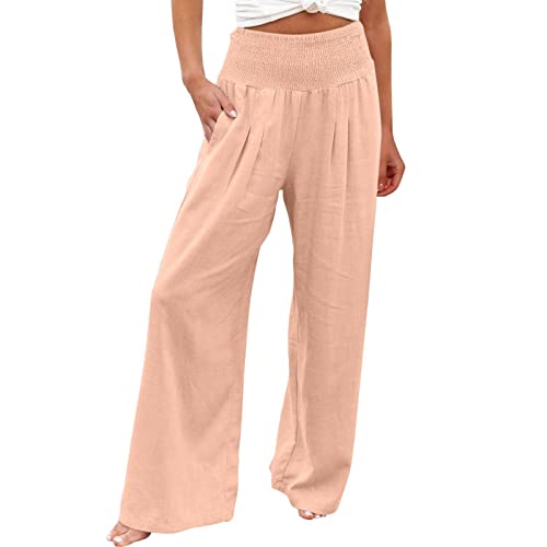 NZYIHAO Hosen Damen Damen Leinenhose Sommer Einfarbig Hose High Waist Weites Bein Sommerhose Baumwolle Leinen Stoffhose Elastische Freizeithose Lang Strandhose Boho Hosen mit Taschen Lose Sporthose von NZYIHAO