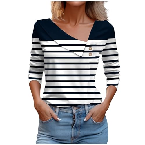 NZYIHAO Karierte Bluse Damen V-Ausschnitt Langarmshirt mit Knöpfen Elegant Tshirt Sommer Tops Farbverlauf Oberteile Langarm Shirt Leichte Pullover Locker T-Shirt Große Größen Longshirt Bequem Tunika von NZYIHAO