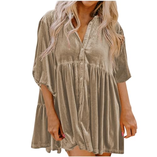 NZYIHAO Lang Tunika Damen Modisches Falten Bluse Einfarbig Pullover mit Knöpfen Goldener Samt Hemd Halbarm Oberteile Große Größen Tshirt Tops Blusenshirt Reverskragen Pulli Locker Longbluse Streetwear von NZYIHAO
