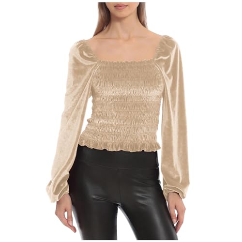 NZYIHAO Langarmshirt Damen Elegant Einfarbig Pullover Goldener Samt Bluse Rundhalsausschnitt Oberteile Langarm Tshirt Große Größen Tops Locker T-Shirt Leicht Pulli Bequem Tunika Longbluse Blusenshirt von NZYIHAO