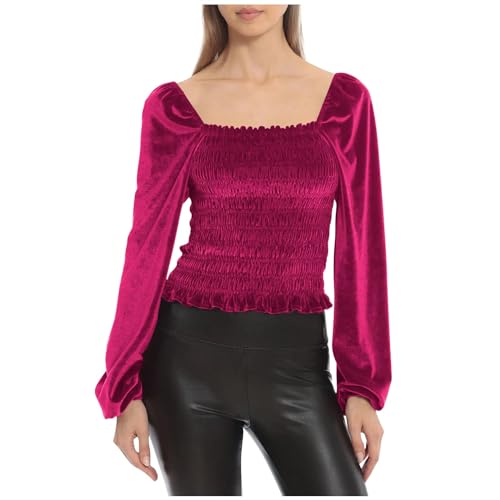NZYIHAO Langarmshirt Damen Elegant Einfarbig Pullover Goldener Samt Bluse Rundhalsausschnitt Oberteile Langarm Tshirt Große Größen Tops Locker T-Shirt Leicht Pulli Bequem Tunika Longbluse Blusenshirt von NZYIHAO