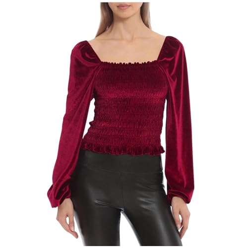 NZYIHAO Langarmshirt Damen Elegant Einfarbig Pullover Goldener Samt Bluse Rundhalsausschnitt Oberteile Langarm Tshirt Große Größen Tops Locker T-Shirt Leicht Pulli Bequem Tunika Longbluse Blusenshirt von NZYIHAO