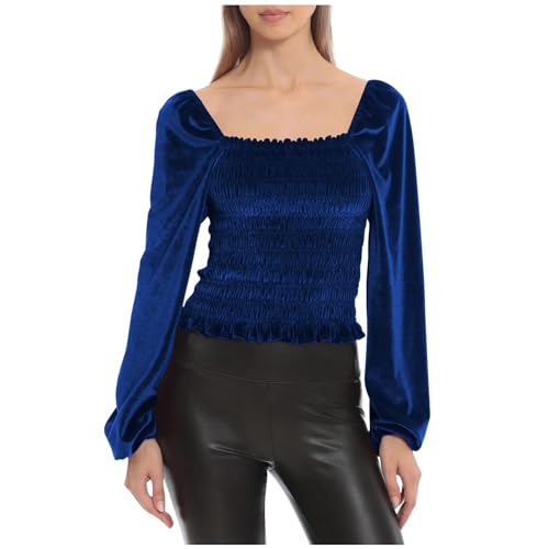 NZYIHAO Langarmshirt Damen Elegant Einfarbig Pullover Goldener Samt Bluse Rundhalsausschnitt Oberteile Langarm Tshirt Große Größen Tops Locker T-Shirt Leicht Pulli Bequem Tunika Longbluse Blusenshirt von NZYIHAO