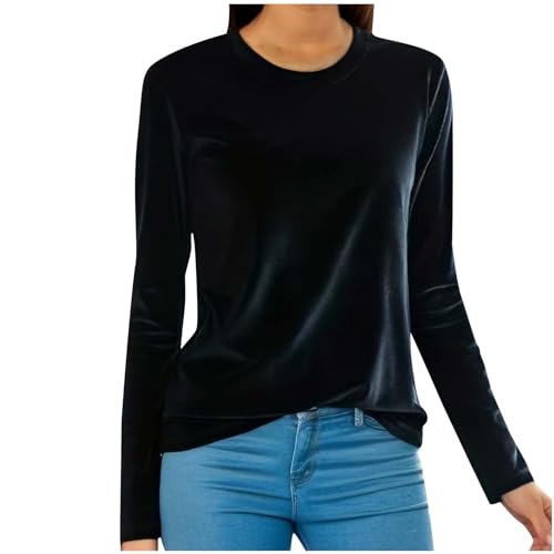 NZYIHAO Langarmshirt Damen Elegant Einfarbig Pullover Goldener Samt Bluse Rundhalsausschnitt Oberteile Langarm Tshirt Große Größen Tops Locker T-Shirt Leicht Pulli Bequem Tunika Longbluse Blusenshirt von NZYIHAO