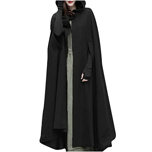 NZYIHAO Lange Umhang Damen Mittelalter Vintage Cape mit Kapuze Halloween Kostüm Einfarbig Poncho Open Front Robe Kuschelig Jacke Locker Trenchcoat Cosplay Kleidung Herbst Winter Mantel Oberbekleidung von NZYIHAO