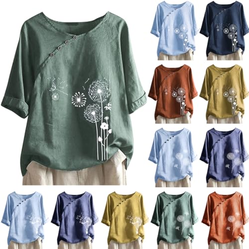 NZYIHAO Leinenbluse Damen Vintage Pullover Löwenzahn Druck Bluse mit Knöpfen Baumwolle Leinen Tshirt Sommer Oberteile Rundhals Leinenhemd Kurzarm Tunika Große Größen T-Shirt Lose Tops Pulli Longbluse von NZYIHAO