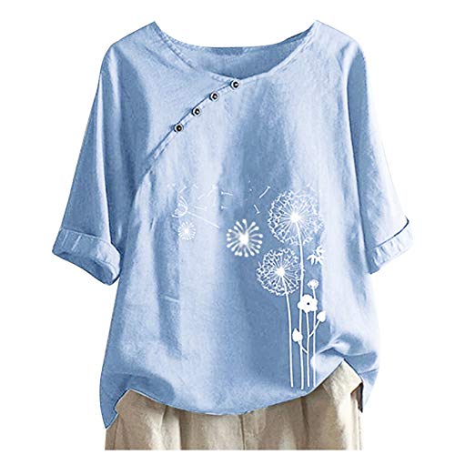 NZYIHAO Leinenbluse Damen Vintage Pullover Löwenzahn Druck Bluse mit Knöpfen Baumwolle Leinen Tshirt Sommer Oberteile Rundhals Leinenhemd Kurzarm Tunika Große Größen T-Shirt Lose Tops Pulli Longbluse von NZYIHAO