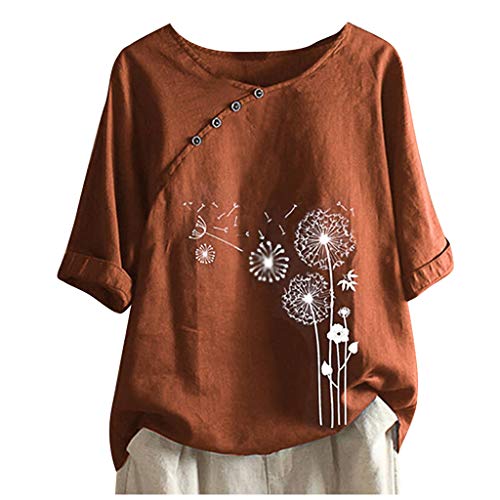 NZYIHAO Leinenbluse Damen Vintage Pullover Löwenzahn Druck Bluse mit Knöpfen Baumwolle Leinen Tshirt Sommer Oberteile Rundhals Leinenhemd Kurzarm Tunika Große Größen T-Shirt Lose Tops Pulli Longbluse von NZYIHAO