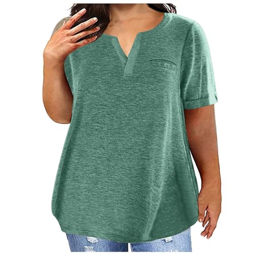NZYIHAO Longbluse Damen Sommer Übergroße Tshirt Damen V-Ausschnitt Bluse Sommer Einfarbig T-Shirt Große Größen Oberteile Lose Kurzarm Shirt Lässige Longbluse Leicht Pullover Bequem Tops Pulli Basic von NZYIHAO