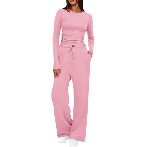 Lounge Set Damen Einfarbig Trainingsanzug Slim Fit Oberteil und Weites Bein Hosen Hausanzug Langrm Loungewear Jogginganzug Elegant Zweiteiler Homewear Sets Freizeit Outfits Schlafanzug von NZYIHAO