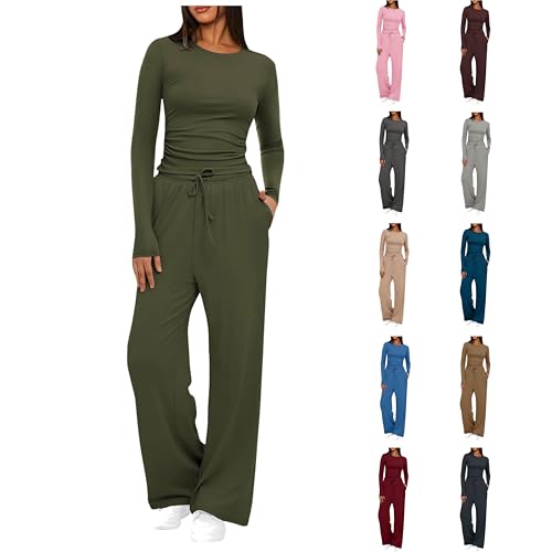 Lounge Set Damen Einfarbig Trainingsanzug Slim Fit Oberteil und Weites Bein Hosen Hausanzug Langrm Loungewear Jogginganzug Elegant Zweiteiler Homewear Sets Freizeit Outfits Schlafanzug von NZYIHAO