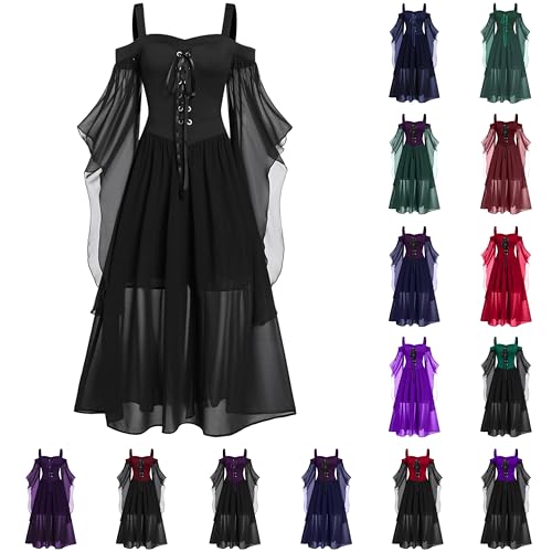 NZYIHAO Mittelalter Kleider Damen Halloween Kleid Mittelalter Renaissance Partykleid Gothic Kleidung Fledermausärmel Schulterfrei Vintage Schwarz Hexenkleid Vampir Verbandkleid für Cosplay von NZYIHAO