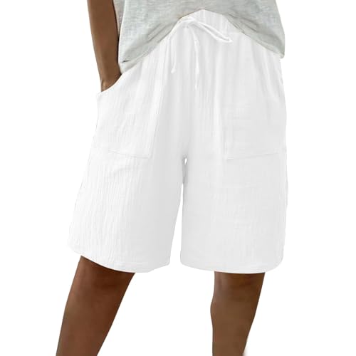NZYIHAO Musselin Shorts Damen Kurze Hose Sommer Leinenhose Große Größen Freizeithose Baumwolle Leinen Sommerhose Knielang Jogginghose Hohe Taille Sporthose Kordelzug Strandhose Einfarbig Hosen S-3XL von NZYIHAO