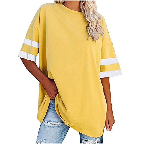 NZYIHAO Oversize Pullover Damen V-Ausschnitt/Rundhals Tshirt Einfarbig Bluse Sommer Sportlich Oberteile Lang T-Shirt Gestreift Druck Tops Casual Longbluse Sportshirt Pulli Locker Tunika Streetwear von NZYIHAO