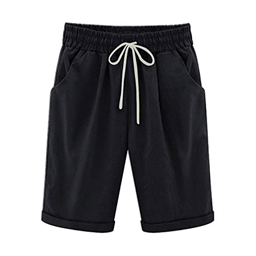NZYIHAO Shorts Damen Musselin Hose Kurze Leinenhose Sommer Freizeithose Große Größen Sommerhose Baumwolle Leinen Jogginghose Knielang Sporthose Hohe Taille Strandhose Einfarbig Hosen mit Kordelzug von NZYIHAO