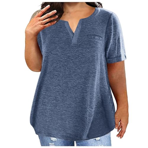 NZYIHAO Sportshirt Damen locker große größen Übergroße Tshirt Damen V-Ausschnitt Bluse Sommer Einfarbig T-Shirt Große Größen Oberteile Lose Kurzarm Shirt Lässige Longbluse Leicht Pullover Bequem von NZYIHAO