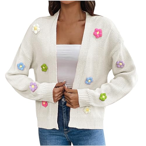 NZYIHAO Strickjacke Damen Süße Jacke mit 3D Blumen Leichte Cardigan Top Herbst Winter Übergangsjacke Langarm Strickmantel Kurze Herbstjacke Weiche Damenjacke Open Front Sweater Mantel Strickcardigan von NZYIHAO