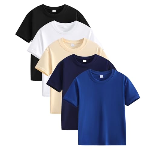 NZYIHAO T-Shirt 5er Pack Mädchen und Jungen Baumwolle Tshirt Kinder Oberteile Sommer Tops Casual Einfarbig Bluse Kurzarm T Shirt Rundhals Sportshirt Leichte Unterhemden Basic T-Shirts für 2–12 Jahre von NZYIHAO