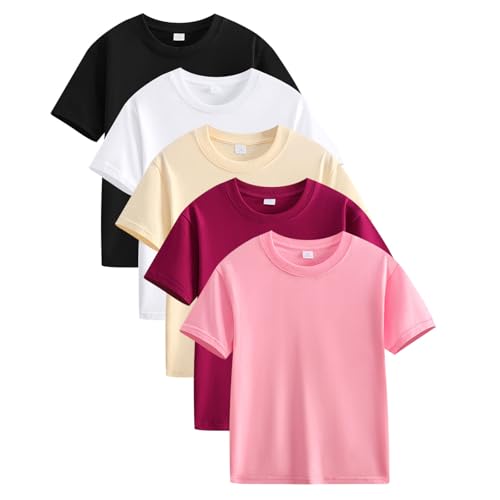 NZYIHAO T-Shirt 5er Pack Mädchen und Jungen Baumwolle Tshirt Kinder Oberteile Sommer Tops Casual Einfarbig Bluse Kurzarm T Shirt Rundhals Sportshirt Leichte Unterhemden Basic T-Shirts für 2–12 Jahre von NZYIHAO