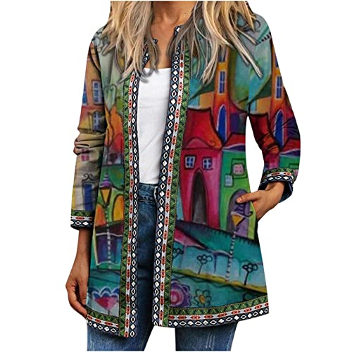 NZYIHAO Vintage Jacke Damen Lange Übergangsjacke Große Größen Mehrfarbig Herbstjacke Open Front Strickjacke Langarm Übergangsmantel Ethno Stil Leichte Mantel Freizeitjacke mit Taschen Oberbekleidung von NZYIHAO