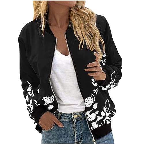 NZYIHAO Warehouse deal Bomberjacke Damen Casual Frühlingsjacke Einfarbig Übergangsjacke Sommerjacke mit Reißverschluss Leichte Pilotenjacke Kurze Fliegerjacke Langarm Bikerjacke Mädchen Outwear von NZYIHAO