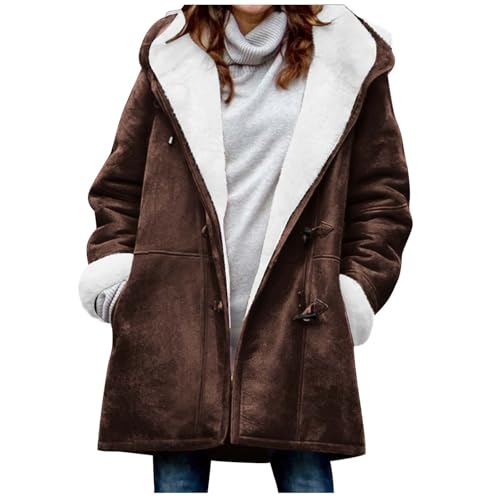 NZYIHAO Winterjacke Damen Wildleder Fleecejacke Einfarbig Jacke Winter Mantel mit Kapuze Lang Plüschjacke Gefüttert Fleece Wildlederjacke Große Größen Wintermantel Dicke Warme Strickjacke Kapuzenjacke von NZYIHAO