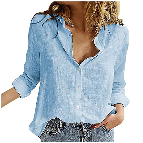 NZYIHAO blusen & Tuniken für Damen Leinenhemd Damen Elegant Einfarbig Bluse V-Ausschnitt Button Down Hemd Baumwolle Leinen Hemdbluse Sommer Tshirt Tops Leinenbluse mit Knöpfen Kurzarm/Langarm Blusen von NZYIHAO