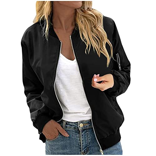 NZYIHAO damen jacke frühling Bomberjacke Damen Casual Frühlingsjacke Einfarbig Übergangsjacke Sommerjacke mit Reißverschluss Leichte Pilotenjacke Kurze Fliegerjacke Langarm Bikerjacke Mädchen Outwear von NZYIHAO