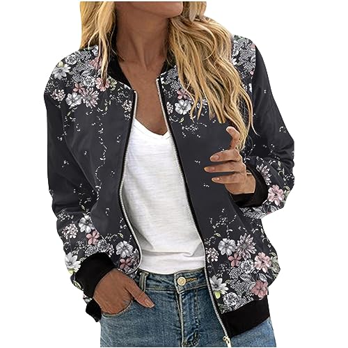 NZYIHAO damen sommerjacke Bomberjacke Damen Casual Frühlingsjacke Einfarbig Übergangsjacke Sommerjacke mit Reißverschluss Leichte Pilotenjacke Kurze Fliegerjacke Langarm Bikerjacke Mädchen Outwear von NZYIHAO