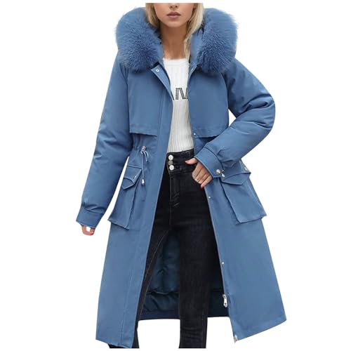 Parka Damen Modische Einfarbig Winterjacke Lange Steppjacke mit Kapuze Pelzkragen Winterparka Große Größen Jacke Reißverschluss Steppmantel Warme Wintermantel Locker Kapuzenjacke Taschen Mantel von NZYIHAO